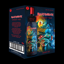 Load the picture into the gallery viewer, Case of 6 bottles of Iron Maiden Darkest Red Douro DOC wine, featuring Eddie’s Head artwork and bold branding on the packaging.
