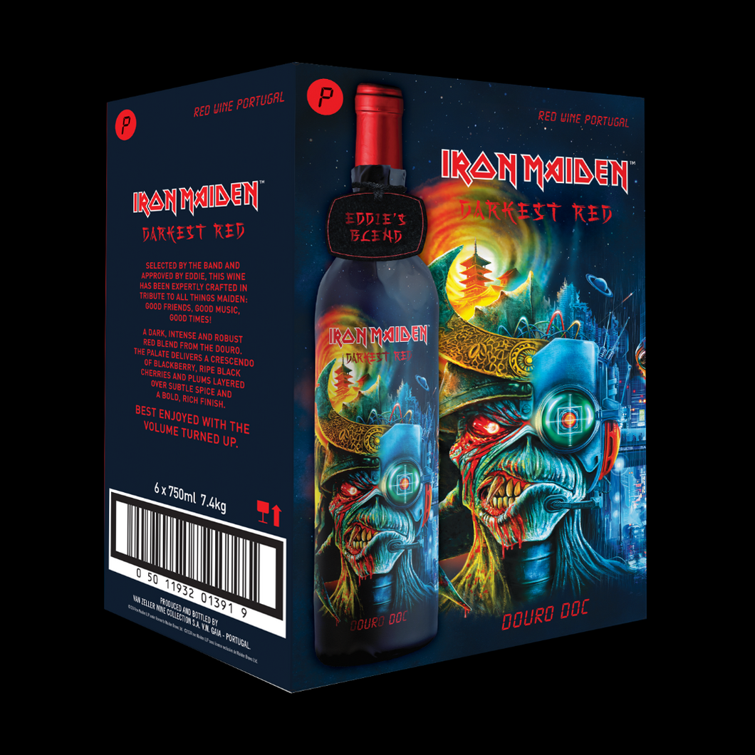 Case of 6 bottles of Iron Maiden Darkest Red Douro DOC wine, featuring Eddie’s Head artwork and bold branding on the packaging.