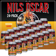 Chargez l&#39;image dans la visionneuse de la galerie, Iron Maiden Nils Oscar Running Free Swedish Lager 24-pack, featuring Eddie’s fiery artwork on non-alcoholic beer cans, a bold collaboration of music and craft brewing.
