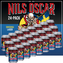 Cargue la imagen en el visor de la galería, Iron Maiden Nils Oscar Trooper Swedish Lager 24-pack, featuring Eddie holding the Swedish flag, celebrating a powerful collaboration of Iron Maiden’s legacy and premium craft beer.
