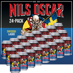 Iron Maiden Nils Oscar Trooper Swedish Lager 24-pack, featuring Eddie holding the Swedish flag, celebrating a powerful collaboration of Iron Maiden’s legacy and premium craft beer.