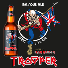 Load the picture into the gallery viewer, Iron Maiden Trooper Basque Ale by La Salve, 330ml bottle with 5.3% ABV, featuring Eddie mascot and Trooper logo.
