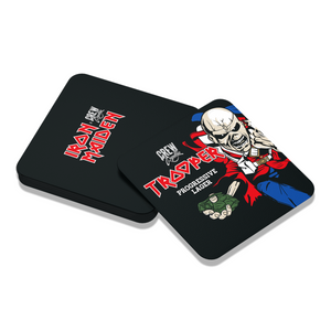 Set of Iron Maiden Trooper beer coasters by Crew Republic, featuring Eddie mascot and Trooper logo with Progressive Lager text.