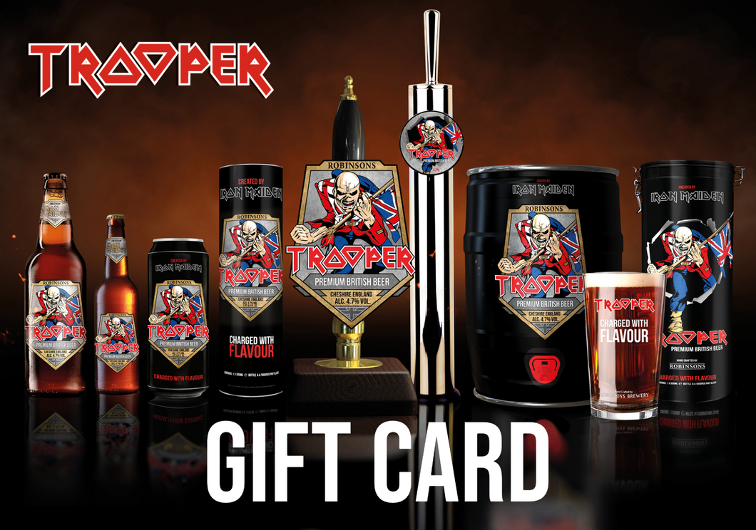 Iron Maiden Trooper beer and wine gift card, featuring a variety of Trooper products including bottles, cans, and pint glasses.