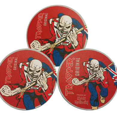 Iron Maiden Trooper coaster, created by Robinsons Brewery, featuring Eddie mascot and Trooper Premium British Beer branding.