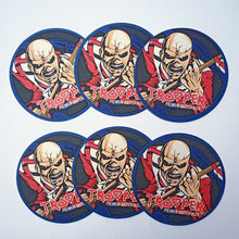 Load the picture into the gallery viewer, Set of Iron Maiden Trooper coasters, created by Robinsons Brewery, featuring Eddie mascot and Trooper Premium British Beer branding.
