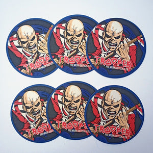 Set of Iron Maiden Trooper coasters, created by Robinsons Brewery, featuring Eddie mascot and Trooper Premium British Beer branding.