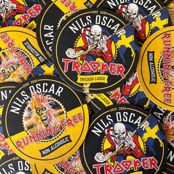 Trooper coasters by Nils Oscar, featuring Iron Maiden artwork for Trooper Swedish Lager and Running Free Non-Alcoholic.