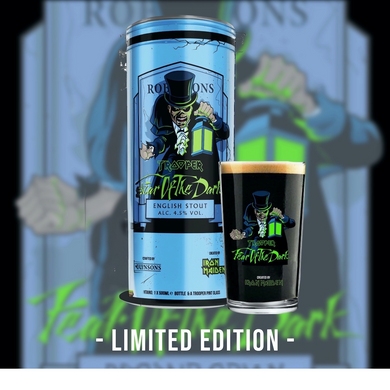 Iron Maiden Trooper Fear of the Dark limited edition gift tin by Robinsons Brewery, featuring a Trooper Fear of the Dark pint glass with Iron Maiden’s Eddie character and Fear of the Dark branding on the metal tin.