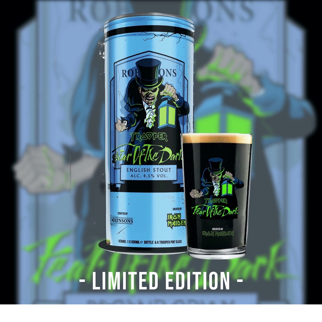 Iron Maiden Trooper Fear of the Dark limited edition gift tin by Robinsons Brewery, featuring a Trooper Fear of the Dark pint glass with Iron Maiden’s Eddie character and Fear of the Dark branding on the metal tin.