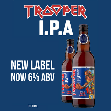 Trooper IPA by Robinsons Brewery featuring Iron Maiden’s iconic mascot Eddie, showcasing the new label and 6% ABV, available in an 8-pack of 500ml bottles.