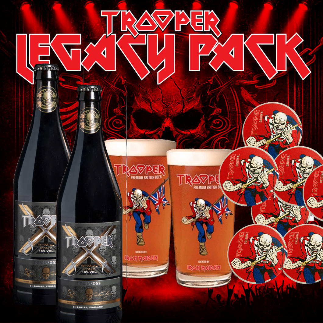 Iron Maiden Trooper Legacy Pack – Limited Edition Bundle featuring 2x Trooper X 660ml bottles, 1x Trooper Pint Glass Set (2), and 10x Trooper Original Beer Coasters. A collector’s must-have for Iron Maiden fans.