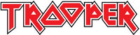 Trooper logo in red with sharp geometric font, associated with Iron Maiden’s beer brand.