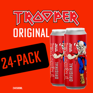 Trooper Original Ale 24-pack by Iron Maiden and Robinsons Brewery, featuring Eddie mascot on 500ml cans with red background.