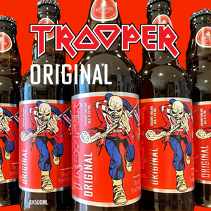 Trooper Original Ale bottles by Iron Maiden and Robinsons Brewery, 8x500ml featuring Eddie mascot label design.