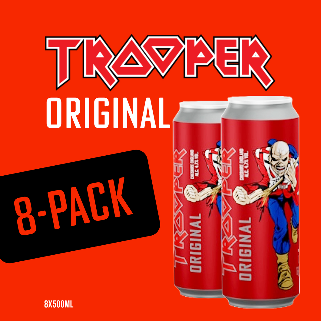 Trooper Original Ale 8-pack by Iron Maiden and Robinsons Brewery, featuring Eddie mascot on 500ml cans with red background.