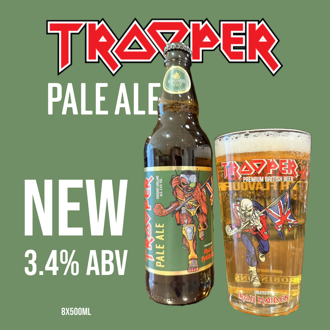 Trooper Pale Ale 8-pack by Robinsons Brewery, featuring Iron Maiden’s Eddie on 500ml bottles and a full Trooper pint glass, 3.4% ABV.