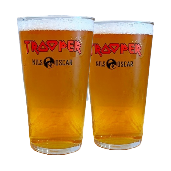 Set of 2 full Iron Maiden Trooper pint glasses by Nils Oscar, featuring the Trooper logo.