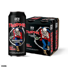 Load the picture into the gallery viewer, Iron Maiden Trooper Progressive Lager by Crew Republic, 8-pack of 500ml cans featuring Eddie artwork and Iron Maiden branding on both cans and packaging.
