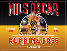 Load the picture into the gallery viewer, Label for Trooper Running Free non-alcoholic Swedish lager by Nils Oscar, featuring Iron Maiden’s iconic Eddie artwork, 33 CL size, and 0.4% alcohol content.
