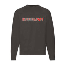 Lade das Bild in den Galerie-Viewer, Front view of Iron Maiden Trooper Running Free sweater by Nils Oscar, featuring bold ‘Running Free’ text across the chest.
