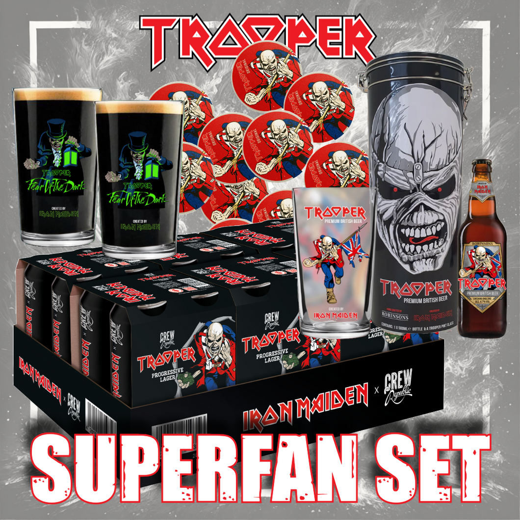 Iron Maiden Trooper Superfan Set – Limited Edition Bundle featuring a Progressive Lager 24-pack, Trooper Gift Tin (500ml can + Pint Glass), Fear of the Dark Pint Glass Set (2), and 10 Trooper Original Beer Coasters. The ultimate collector’s pack for Iron Maiden fans.