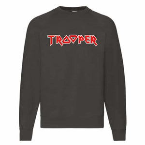 Front view of Iron Maiden Trooper sweater by Nils Oscar, featuring bold Trooper logo across the chest.