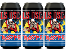 Load the picture into the gallery viewer, Three cans of Trooper Swedish Lager by Nils Oscar featuring Iron Maiden’s Eddie mascot holding the Swedish flag, 33 CL cans with 5.0% ABV.
