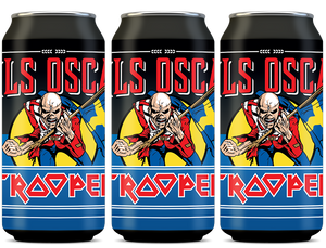 Three cans of Trooper Swedish Lager by Nils Oscar featuring Iron Maiden’s Eddie mascot holding the Swedish flag, 33 CL cans with 5.0% ABV.