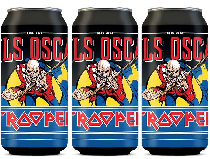 Three cans of Trooper Swedish Lager by Nils Oscar featuring Iron Maiden’s Eddie mascot holding the Swedish flag, 33 CL cans with 5.0% ABV.