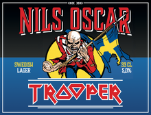 Load the picture into the gallery viewer, Trooper Swedish Lager by Nils Oscar, featuring Iron Maiden’s Eddie mascot with the Swedish flag, 33 CL can with 5.0% ABV.
