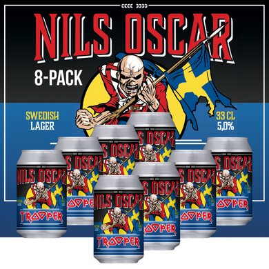 Cans of Trooper Swedish Lager by Nils Oscar featuring Iron Maiden’s Eddie mascot holding the Swedish flag, 33 CL cans with 5.0% ABV.