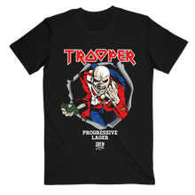 Lade das Bild in den Galerie-Viewer, Front view of Iron Maiden Trooper T-shirt by Crew Republic, featuring Eddie mascot and Trooper logo with Progressive Lager text.
