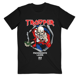 Front view of Iron Maiden Trooper T-shirt by Crew Republic, featuring Eddie mascot and Trooper logo with Progressive Lager text.