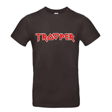 Load the picture into the gallery viewer, Front view of Iron Maiden Trooper T-shirt by Nils Oscar, featuring bold Trooper logo across the chest.
