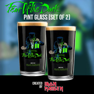 Set of 2 full Iron Maiden Trooper Fear of the Dark pint glasses, featuring Eddie mascot and Fear of the Dark logo, created by Iron Maiden.