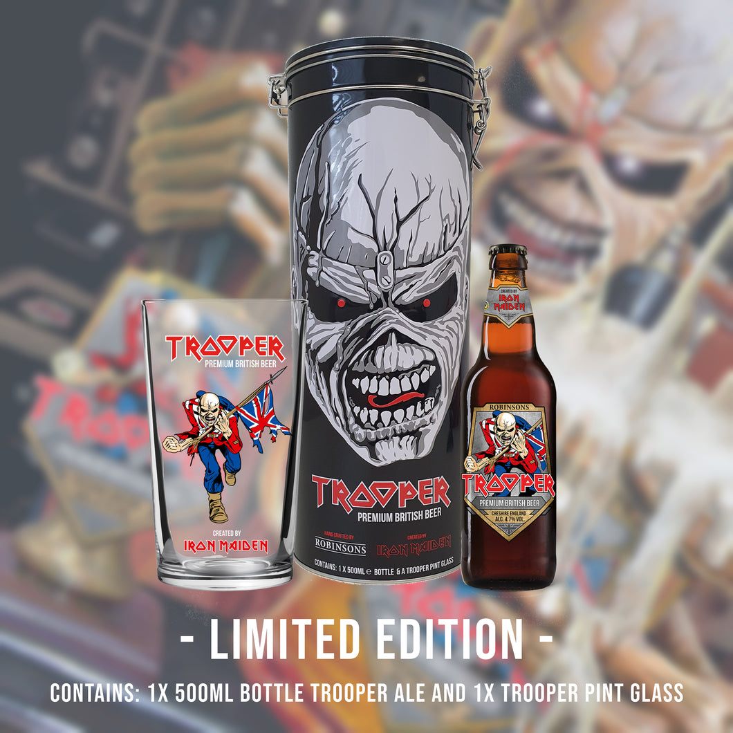 Iron Maiden Trooper Ale gift tin limited edition by Robinsons Brewery, featuring a 500ml bottle of Trooper Ale and a Trooper pint glass with Iron Maiden’s Eddie character. Limited edition set includes a metal tin decorated with Trooper branding.