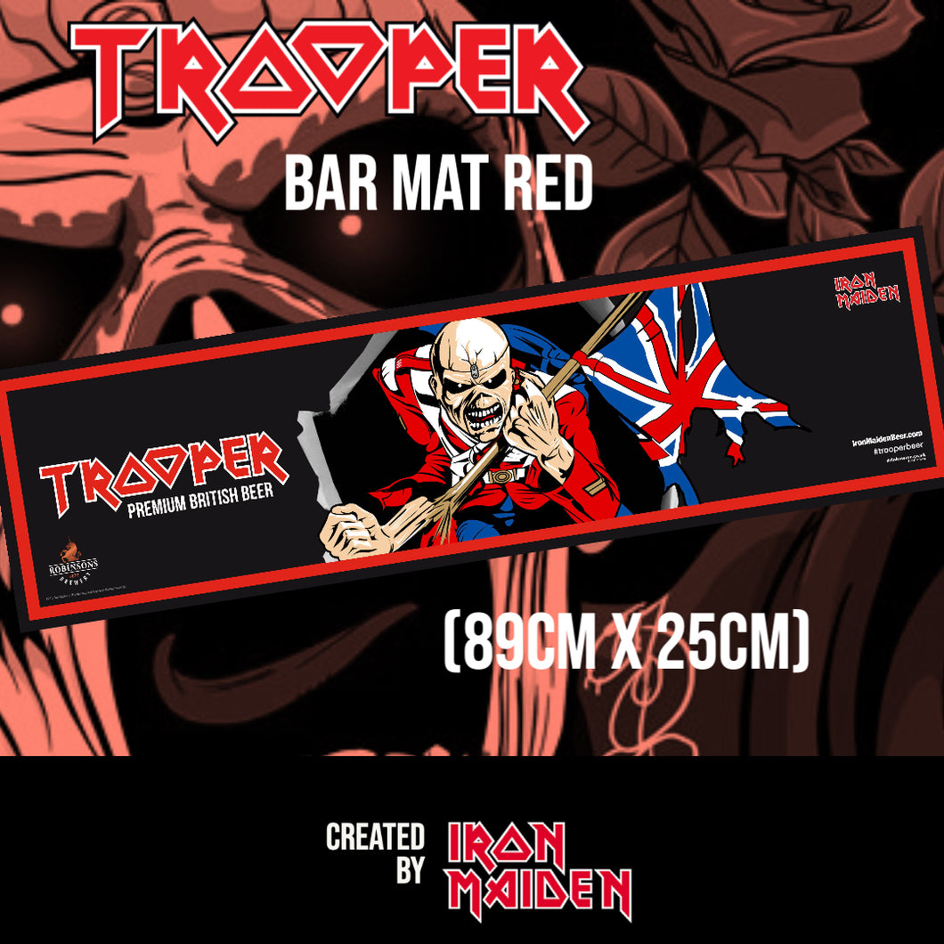 Trooper Premium British Beer red bar mat featuring Iron Maiden’s Eddie mascot with Union Jack flag, created by Robinsons Brewery. Size: 89cm x 25cm.