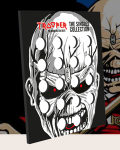 Front view of Iron Maiden Trooper bottlecap collector foam board, created by Robinsons Brewery, featuring Eddie mascot design and spaces for bottle caps.