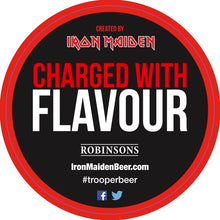 Load the picture into the gallery viewer, Back view of Iron Maiden Trooper coaster, created by Robinsons Brewery, featuring ‘Charged with Flavour’ text and IronMaidenBeer.com branding.
