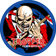 Load the picture into the gallery viewer, Front view of Iron Maiden Trooper coaster, created by Robinsons Brewery, featuring Eddie mascot and Trooper Premium British Beer branding.
