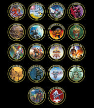 Load the picture into the gallery viewer, Illustration of all Trooper crowns by Robinsons Brewery, showcasing iconic Iron Maiden album art for the Trooper bottlecap collector foam board.
