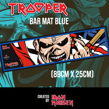 Load the picture into the gallery viewer, Trooper blue bar mat, 89cm x 25cm, featuring Iron Maiden’s Eddie design and created by Iron Maiden, brewed by Robinsons Brewery.
