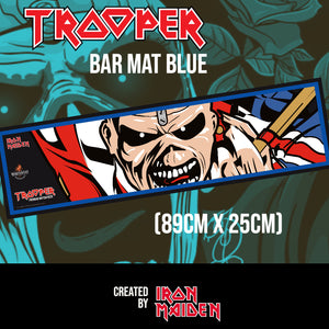 Trooper blue bar mat, 89cm x 25cm, featuring Iron Maiden’s Eddie design and created by Iron Maiden, brewed by Robinsons Brewery.