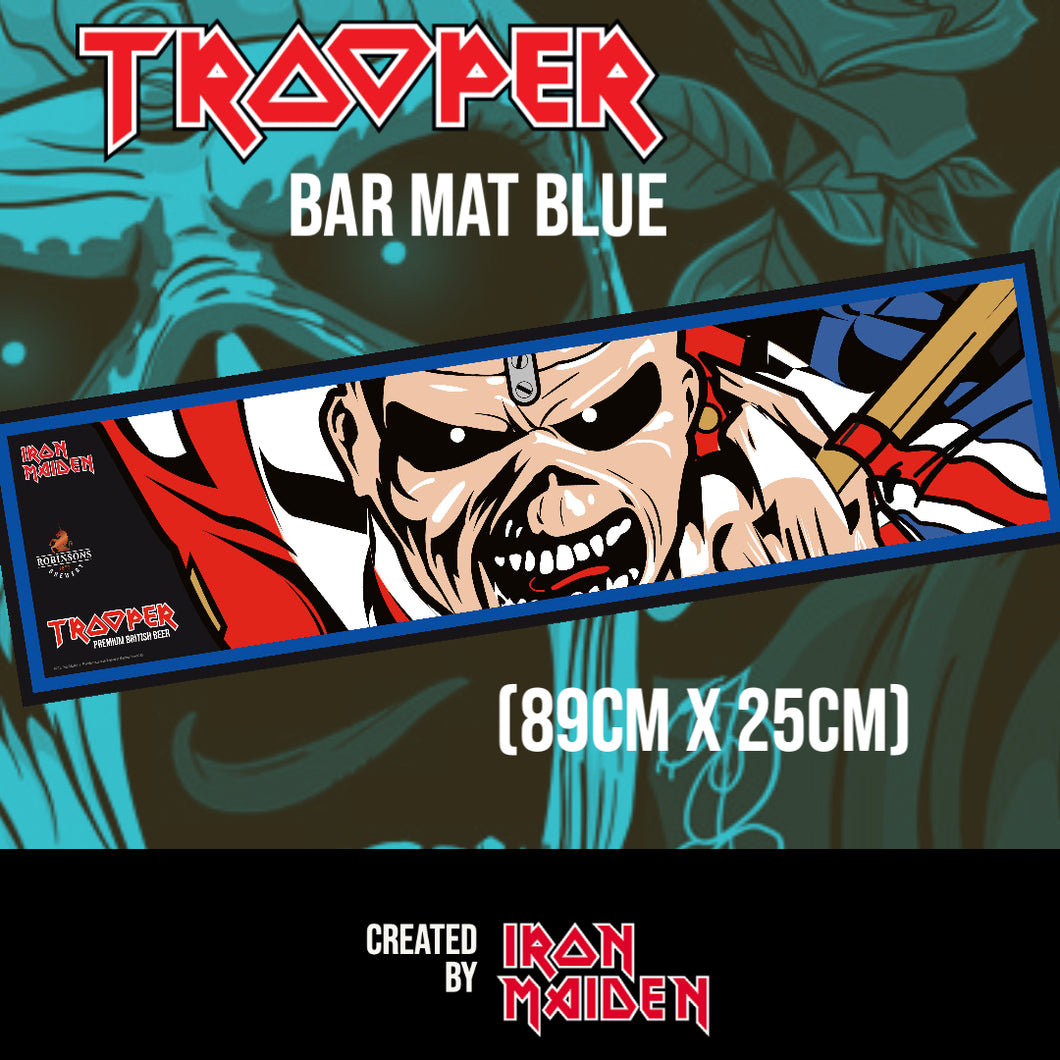 Trooper blue bar mat, 89cm x 25cm, featuring Iron Maiden’s Eddie design and created by Iron Maiden, brewed by Robinsons Brewery.